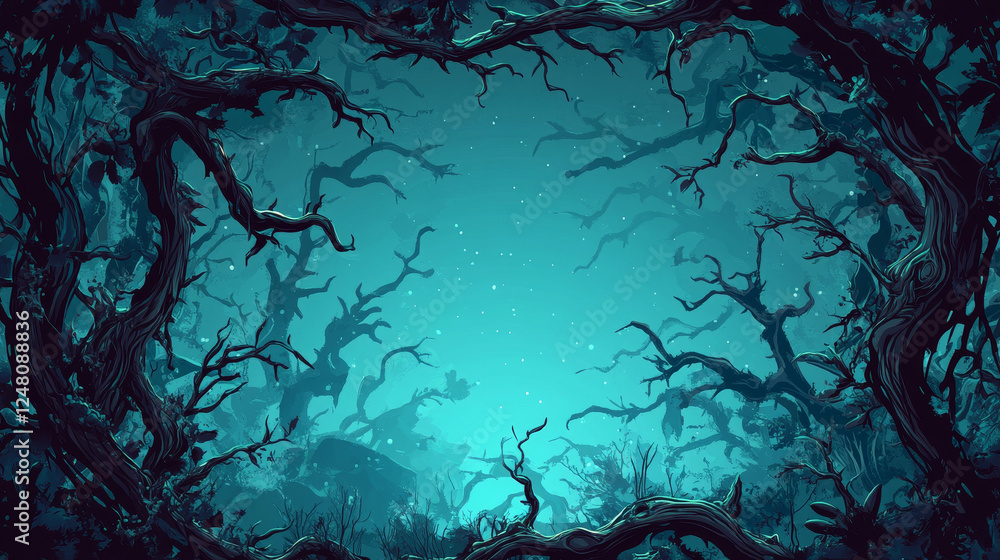 Poster spooky dry liana vines with glow and twisted branches in form of square, rectangle and oval frame fo