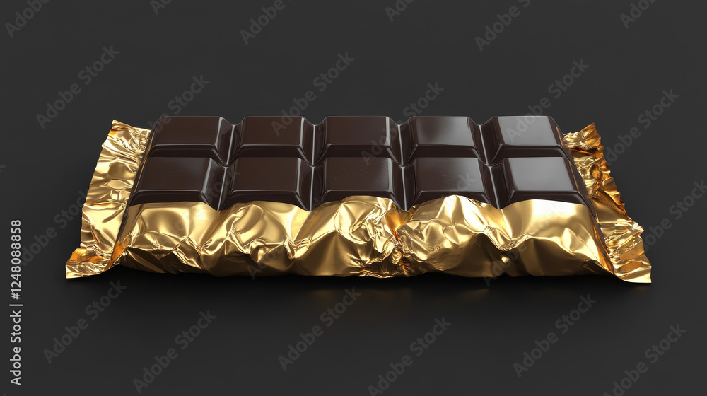Poster chocolate bar wrapper with gold foil and black paper in top and perspective view. vector realistic m