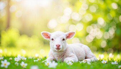 Fototapeta premium Serene lamb resting among jasmine flowers in summer backyard, tranquility