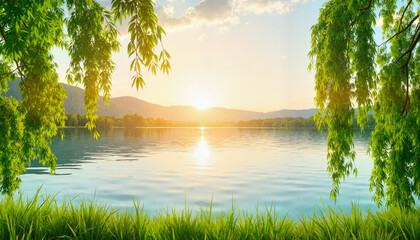 Lush willow branches swaying by calm lake at sunrise, nature's beauty