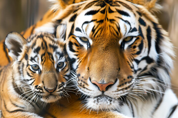Fototapeta premium Tiger cub nestled against its mother, emphasizing safety and bond