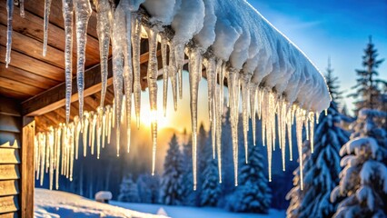 Icy winter wonderland scene with delicate icicles hanging from a curved roof eave, frosty, winter wonderland