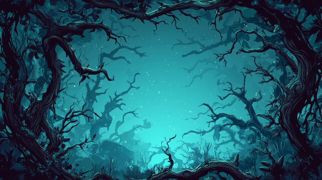 Spooky dry liana vines with glow and twisted branches in form of square, rectangle and oval frame for game ui design. Cartoon vector illustration set of scary creepy magic jungle brown border.