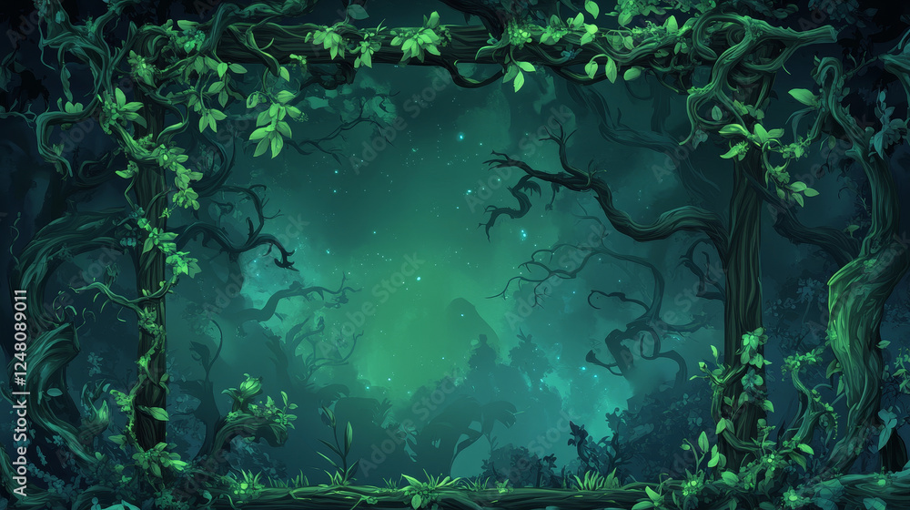 Poster spooky dry liana vines with glow and twisted branches in form of square, rectangle and oval frame fo