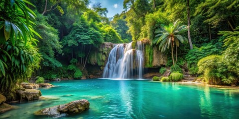 Naklejka premium Waterfall cascading into turquoise pool amidst lush greenery and tropical plants