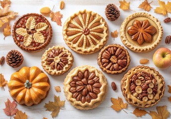 A Collection of Autumn Pies with Colorful Leaves and Seasonal Decor Featuring Pumpkin, Pecan, Apple, and Fruit Tarts on a Rustic White Wooden Table