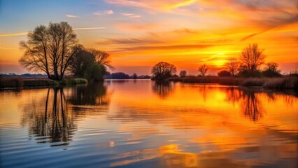 Obraz premium A serene sunset over the River Yare at dusk, with gentle ripples on the water's surface and trees silhouetted against the vibrant orange sky , Nature Scene, Trees Silhouette