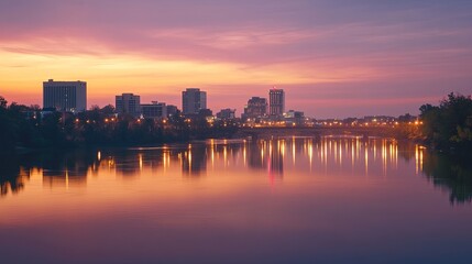 Fototapeta premium Bright city skyline during golden hour, with reflections in a calm river