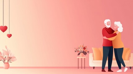 Happy senior couple hugging in cozy living room with decorative hearts, flowers, and soft color tones