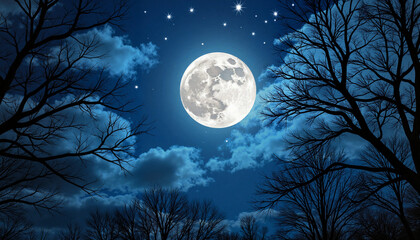 Fototapeta premium Magical full moon illuminating dark forest at night, enchanted serenity