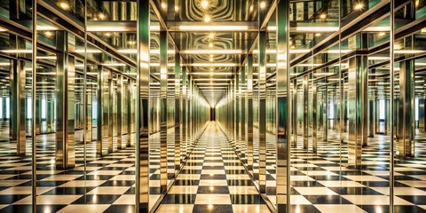 A twisting and turning mirror maze with endless reflections creating a dizzying illusion of infinite corridors, endless reflections, optical illusion