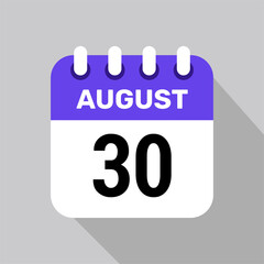 calendar 30 august icon vector for the days of the month and the week on a light background