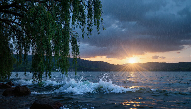 Stormy lake scene with willow branches at dusk, nature's fury - Powered by Adobe