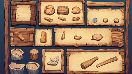 Game ui scrolls, wooden boards and antique parchments cartoon menu interface, wood textured planks, gui graphic design elements. User panel with settings, options or adventure isolated 2d vector set