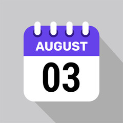 calendar 3 august icon vector for the days of the month and the week on a light background