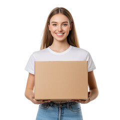 Indoor lifestyle photography young woman smiling while receiving a package at home