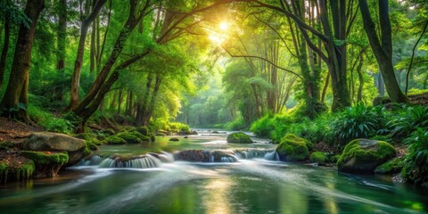 Obraz premium Water flows gently through dense foliage surrounded by towering trees and vibrant greenery, creating a serene atmosphere in the heart of nature , greenery, serenity