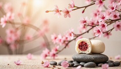 Serene Japanese rice cake with red bean paste on stones, spring tranquility