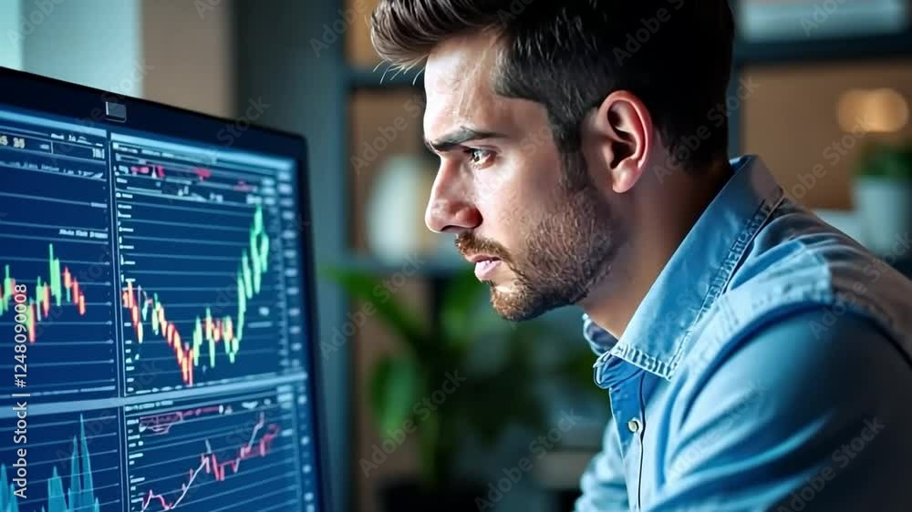 Poster focused trader: a focused individual with a determined gaze, intently studying financial charts on m