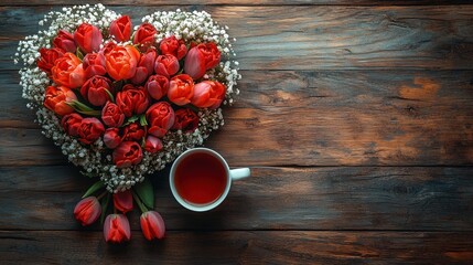 Heart-shaped floral arrangement with tea.