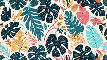 Colorful and vibrant pattern of various tropical leaves