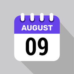 calendar 9 august icon vector for the days of the month and the week on a light background