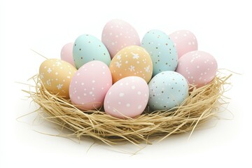 Fototapeta premium Speckled pastel eggs arranged in a straw nest on a white background, creating a natural and festive composition. The soft colors and organic textures enhance the delicate and rustic charm