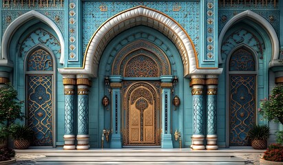 Obraz premium Intricately detailed turquoise archway with ornate gold accents and wooden door, flanked by lush plants and decorative pillars.