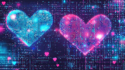 Colorful hearts with a digital background.