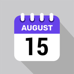 calendar 15 august icon vector for the days of the month and the week on a light background