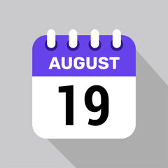 calendar 19 august icon vector for the days of the month and the week on a light background