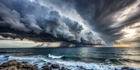 Fototapeta premium Dark grey storm clouds with tall and wispy shapes at the edge of a vast ocean, with waves crashing against the rocky shoreline , stormy weather, cloudy sky