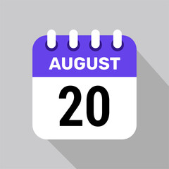 calendar 20 august icon vector for the days of the month and the week on a light background