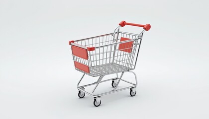 On a white background, a shopping cart with a red handle is isolated. Wheels and frame made of metal. notion of materialism and retail shopping.