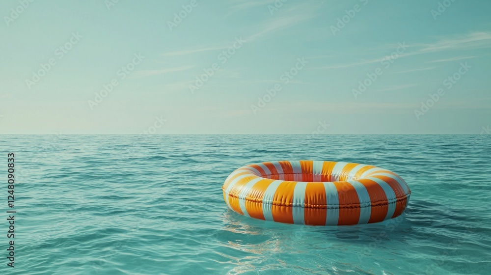 Poster a striped inflatable ring drifts gently on calm, light green ocean waters, creating a minimalist atm