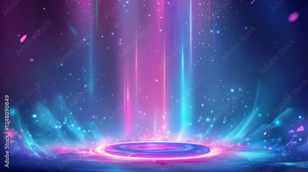 Poster magic game ui portal with round platform, neon glowing blue and pink gradient rays and vortex, flash