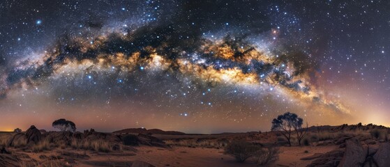 Celestial Symphony: Mesmerizing Star Trails Painting the Night Sky above Desert Wasteland