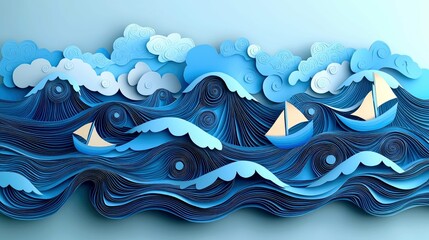 Captivating Paper Art: Sailboats Navigating a Serene Sea of Blue Waves