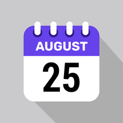 calendar 25 august icon vector for the days of the month and the week on a light background