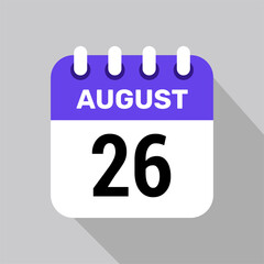 calendar 26 august icon vector for the days of the month and the week on a light background