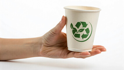 Obraz premium Hand Holding Eco-Friendly Cup with Recycling Symbol on White Background