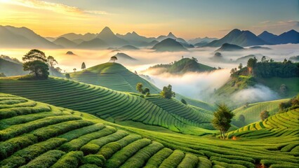 Obraz premium Rolling hills of tea plantation in Moc Chau village with misty mountains , Vietnam, mountains