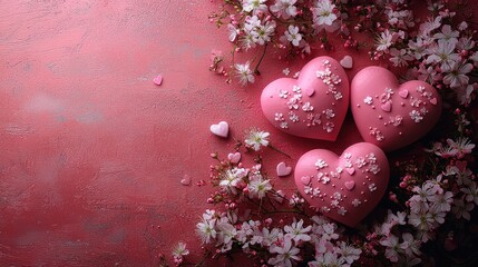 Three pink hearts surrounded by flowers on pink background.