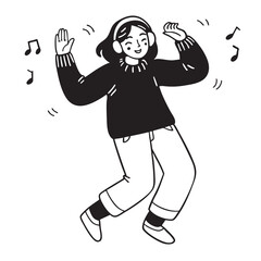 A young woman in headphones dances joyfully to the music. She wears a cozy sweater and pants, moving freely in an expressive pose. Minimalist monochrome artwork.