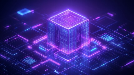 Futuristic Data Cube Neon Glow Digital Technology Abstract Background