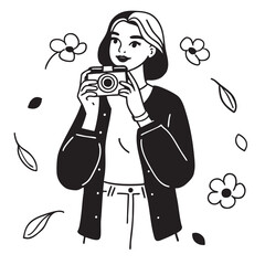A woman holds a camera, focusing intently on capturing a moment. She looks creative and passionate, fully immersed in photography. Her pose conveys artistic expression and enthusiasm for the craft.