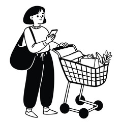 A woman with a large bag pushes a full shopping cart while checking her phone. She wears casual clothes and looks relaxed. Minimalist black-and-white design.
