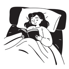 A woman lies under a blanket, reading a book before sleep. She looks peaceful and relaxed, enjoying her nighttime routine. The cozy setting conveys warmth, calmness, and self-care before resting.