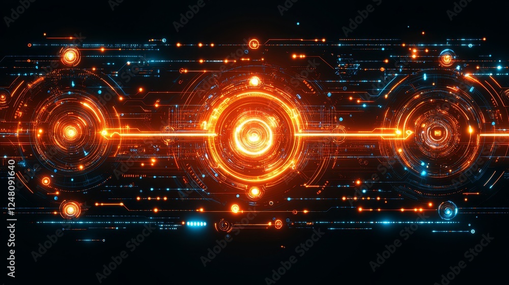 Poster abstract futuristic technology interface glowing neon circuits digital data stream network energy