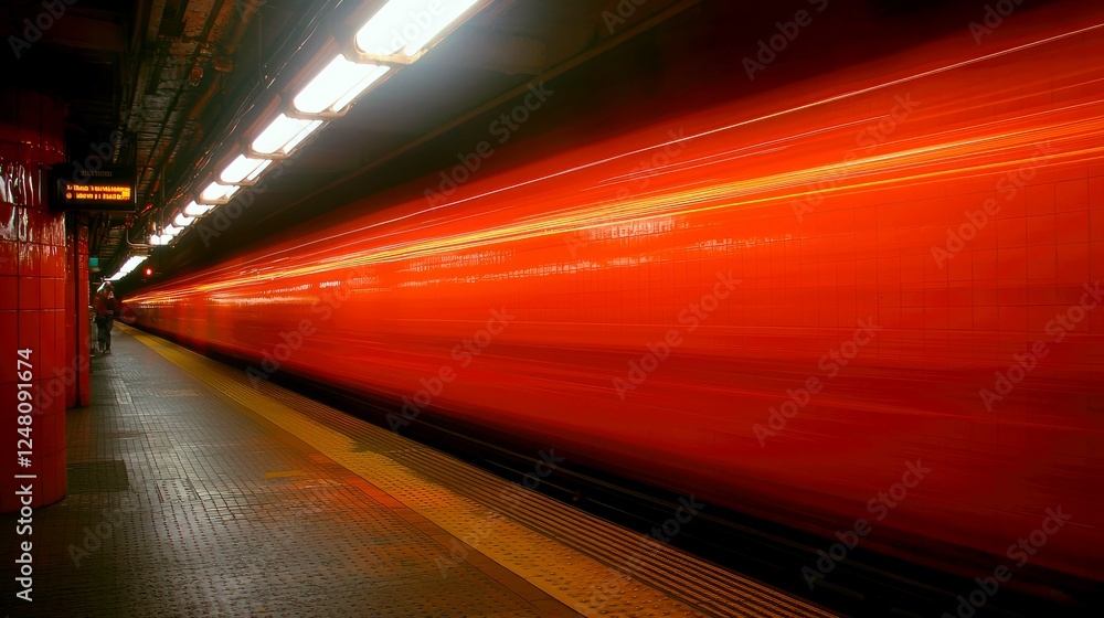 Poster red subway train in motion: a dynamic cityscape through the tunnel